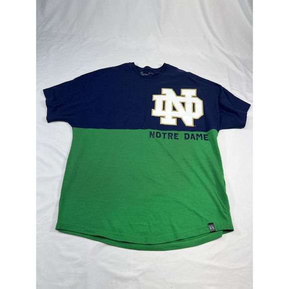 Under Armour Notre Dame Loose Fit Medium Mens Blue Green Graphic Logo Tshirt - Picture 1 of 5